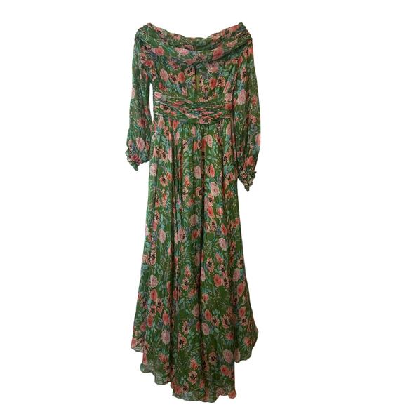 Amur Raven Silk Floral Off-Shoulder Maxi Dress Green Pink Size 0 - Picture 4 of 14